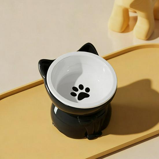 Integrated Cat Food & Water Bowl, Cute Ceramic Design, Sloped Mouth, High-Legged for Cervical Protection