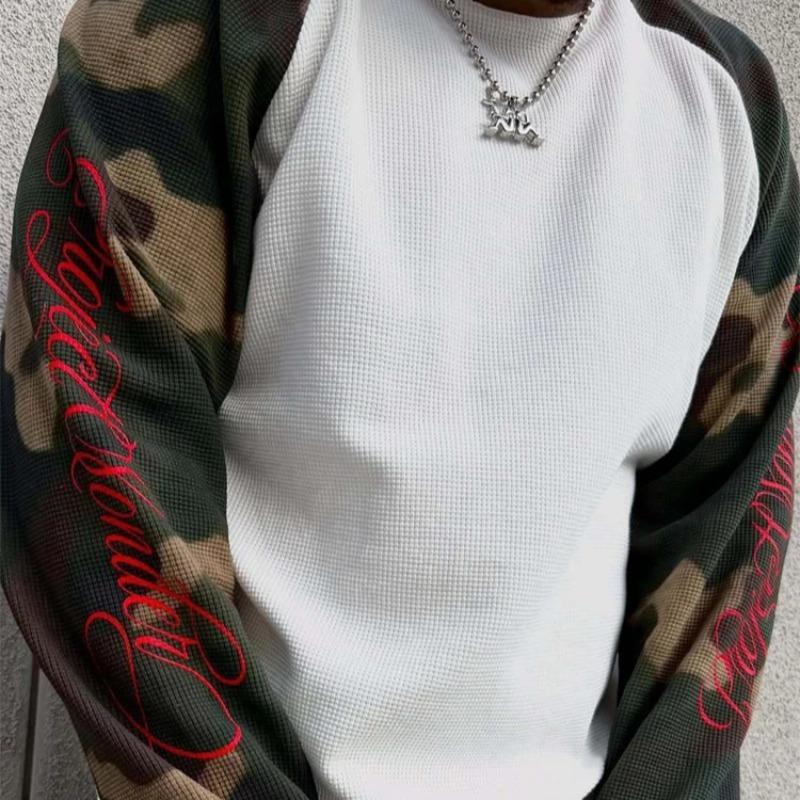 DRIPX Frühling und Herbst Neu Amerikanischer Street Retro Ins Stil Camouflage Farbkombination Unisex Rundhals Langarm T-Shirt. S