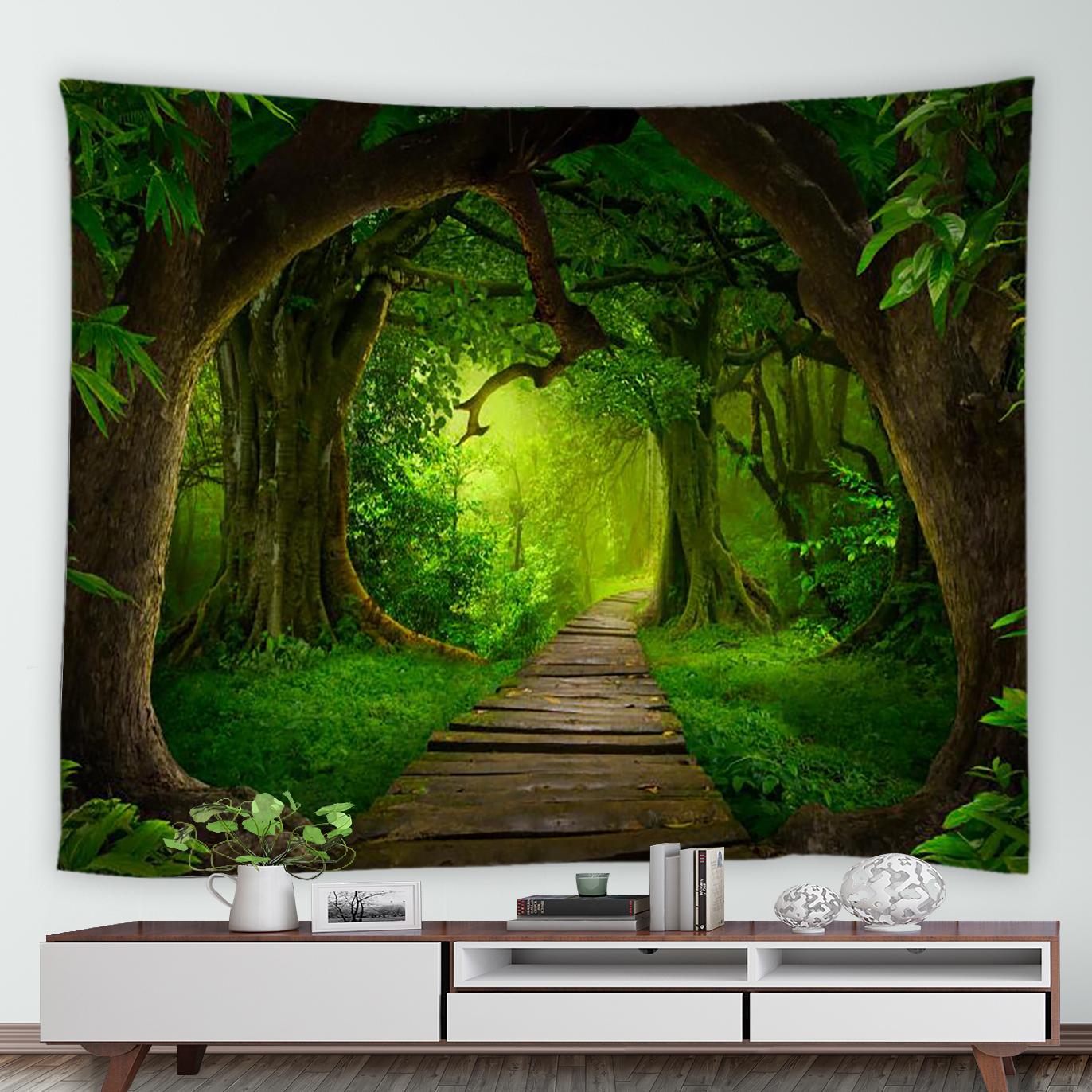 

Сельский природный пейзаж, настенный домашний пейзаж, гобелен, коврик для пикника, настенное одеяло, зеленый лесной гобелен, туманное дерево, водопад 150X100CM