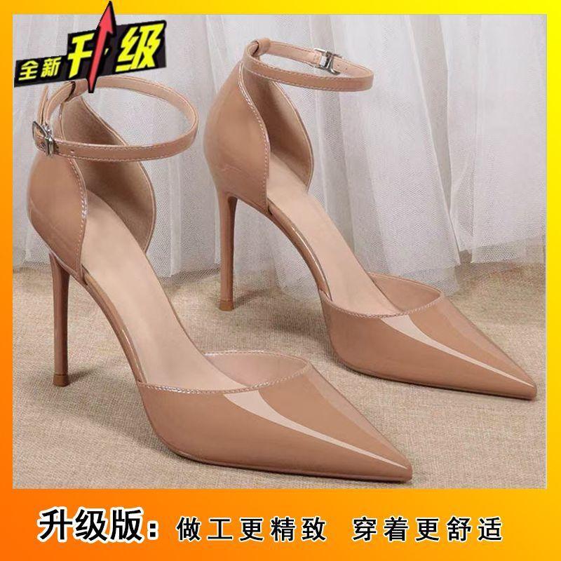 Fashion versatile temperament one-word buckle with high heels 2025 summer new pointed head shallow mouth thin heel hollow sandals women