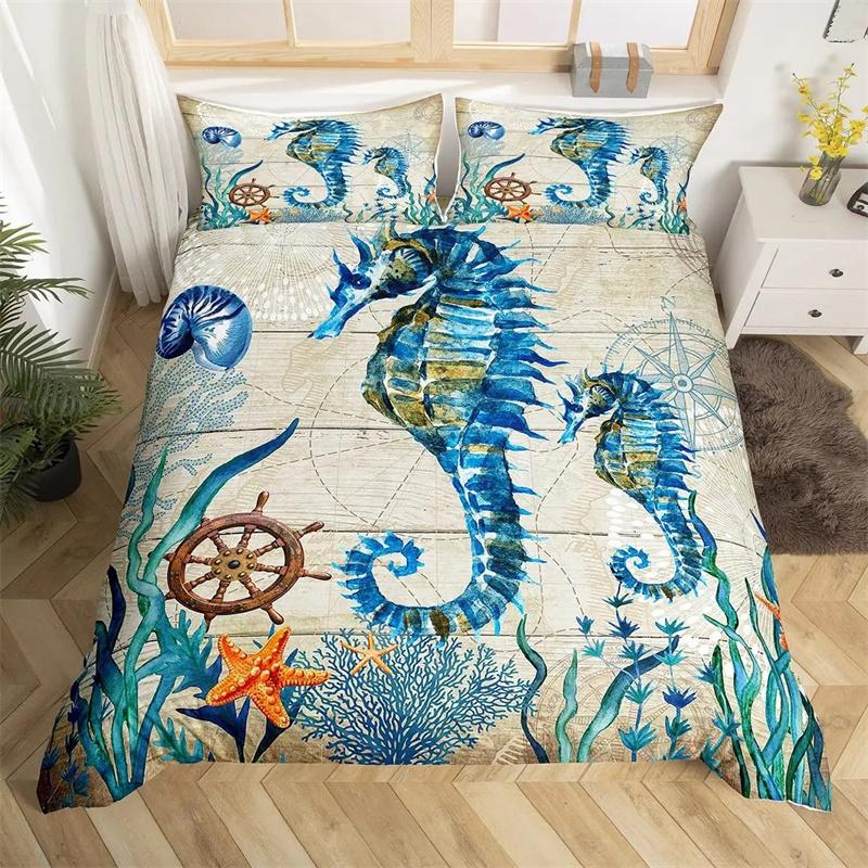 Seahorse Duvet Cover Marine Ocean Animal Print Bedding Set Mediterranean Teal Theme for Kids Women Gifts