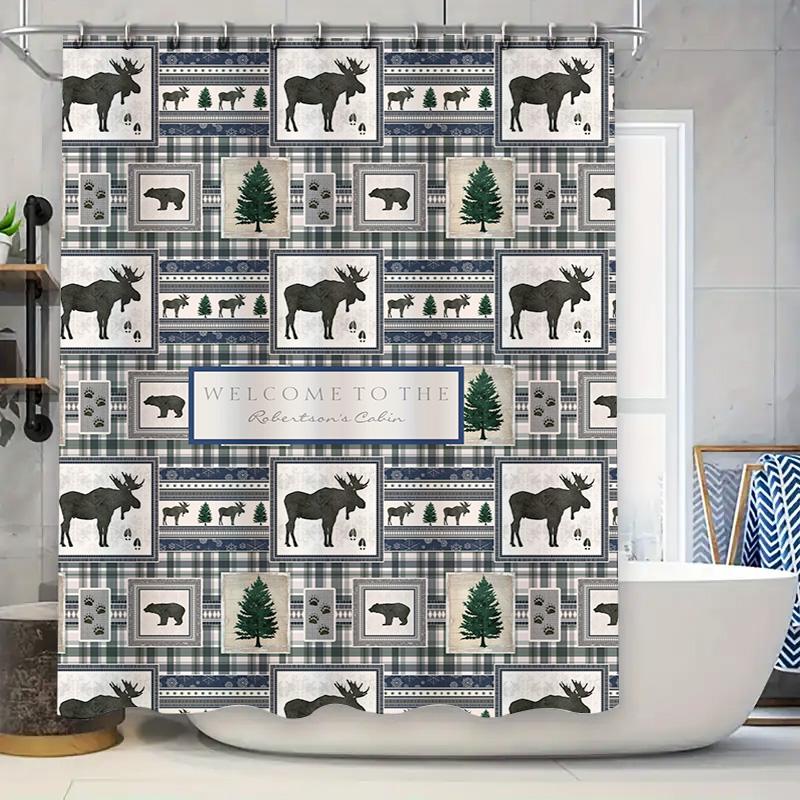 

Country Cabin Shower Curtain Dark Green Blue Plaid Woven Fabric Decorative Water Repellent Waterproof Printed Bath Mat Set For B W60H190(CM)-1 Pcs