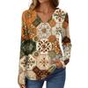 Women's Casual Fashion Brushed Retro Floral Print Long Sleeve V-Neck Top T-Shirt