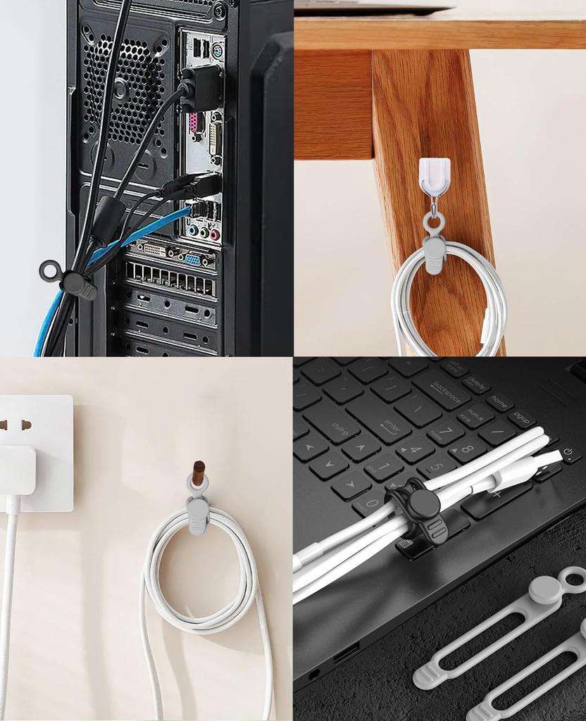 Lasocy Cable Clips, Silicone Cable Ties, Multi-Function Cable Ties for Earphone Cords and Wire Organization, Black and Gray, Pack of 18