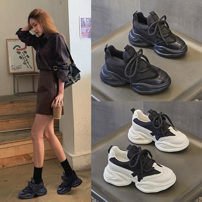 Inner Height-increasing Dad Shoes Women's Soft Leather 2024 Spring and Autumn Small Man Thick-soled Fried Street Women's Shoes Muffin Casual Sneakers