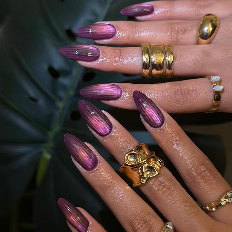 24pcs Glossy Red Cat's Eye Press On Nails Full Cover Nude Wearable Almond False Nails Charms Detachable Fake Nail For Girl