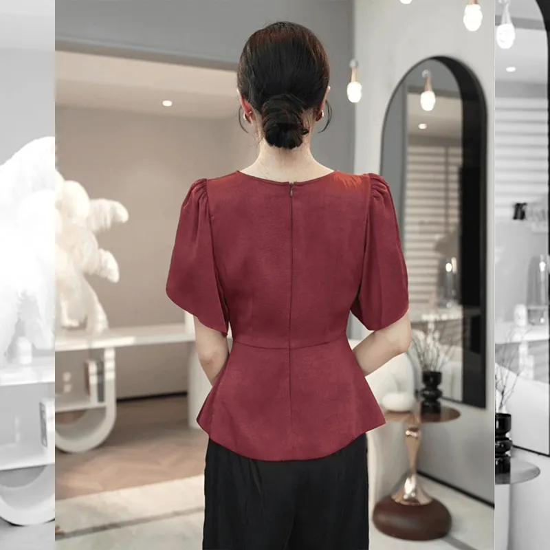 Summer Elegant Peplum Blouse Short Sleeve V-Neck Keyhole Top Puffed Shoulders