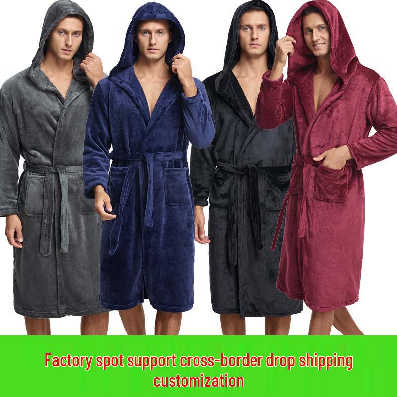 Men's Hooded Coral Fleece Flannel Bathrobe Pajamas Homewear
