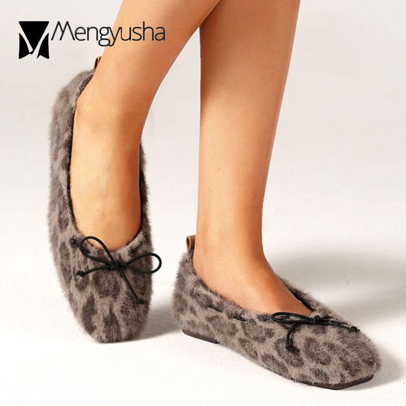 Leopard Fur flats woman bow-knot square toe furry loafers ladies winter plush shoes slip on fleeces moccasins large size 35-42