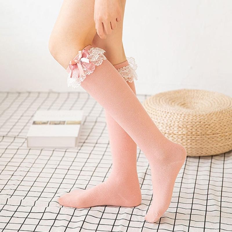 Women Japanese Style JK Ruffle Lace Trim Calf Long Socks Sweet Bowknot Princess Cotton Knee High Socks Stockings Hosiery