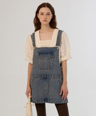 Sseomweeobeoteo Denim Vintage Low Skirt Overall - Vintage Blue