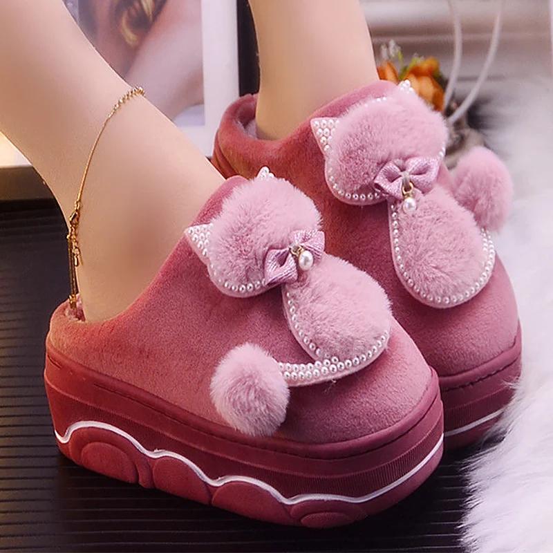 Fashion Girls Winter cotton slippers plush indoor rhinestone ladies shoes 2025 stylish new arrival women platform slippers