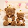 40cm/55cm Lovely Birthday Bear Plush Toys Soft Fluffy Sitting Brown Bear Doll Holding Cake Kawaii Room Decor Nice Gift To Kids