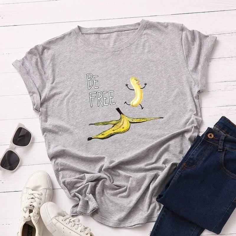Be Free Funny Banana Print T Shirt Women Short Sleeve O Neck Loose Tshirt Summer Women Tee Shirt Tops Camisetas Mujer