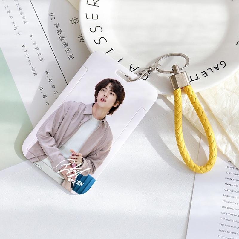 BTS Sliding Photocard Holder, Protective ID Badge Card Case with Braided Keychain Strap, Student Campus Bus Meal Card Protector Merch for ARMY