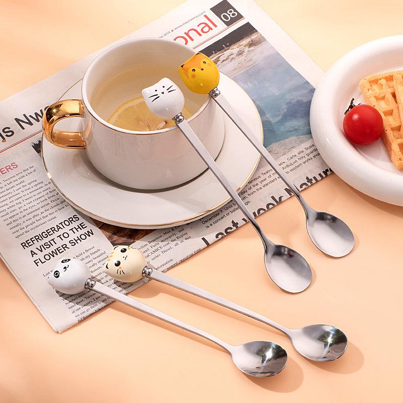 Coffee And Dessert Spoons Flatware Kitchen Tools Ice Cream Cartoon Stirring Spoon Stainless Steel Long Cat Handle Ceramic Spoon