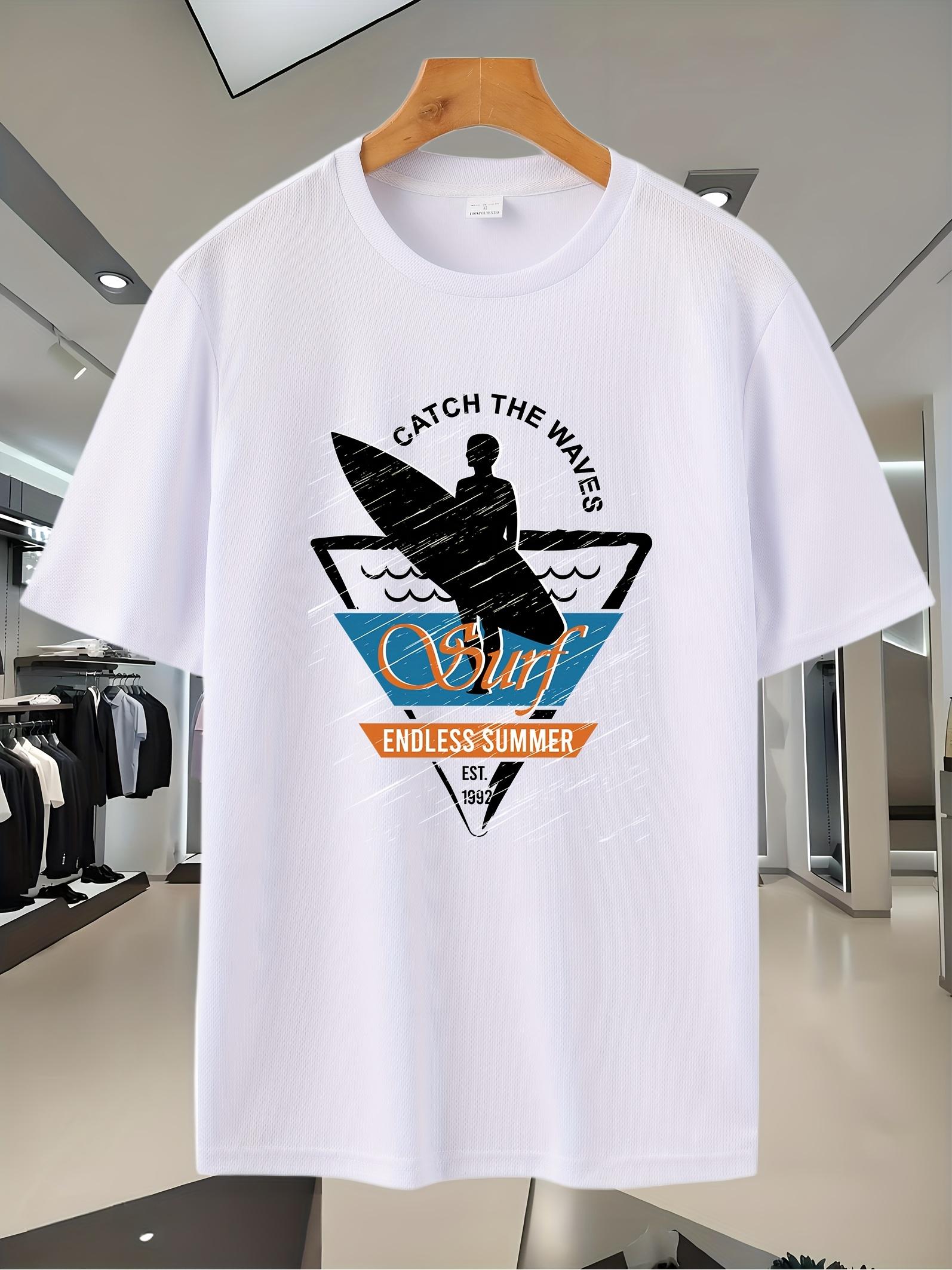 Surfing Graphic T-shirt - Navy Blue Breathable Mesh Short Sleeve Tee with Catch the Wave Print S