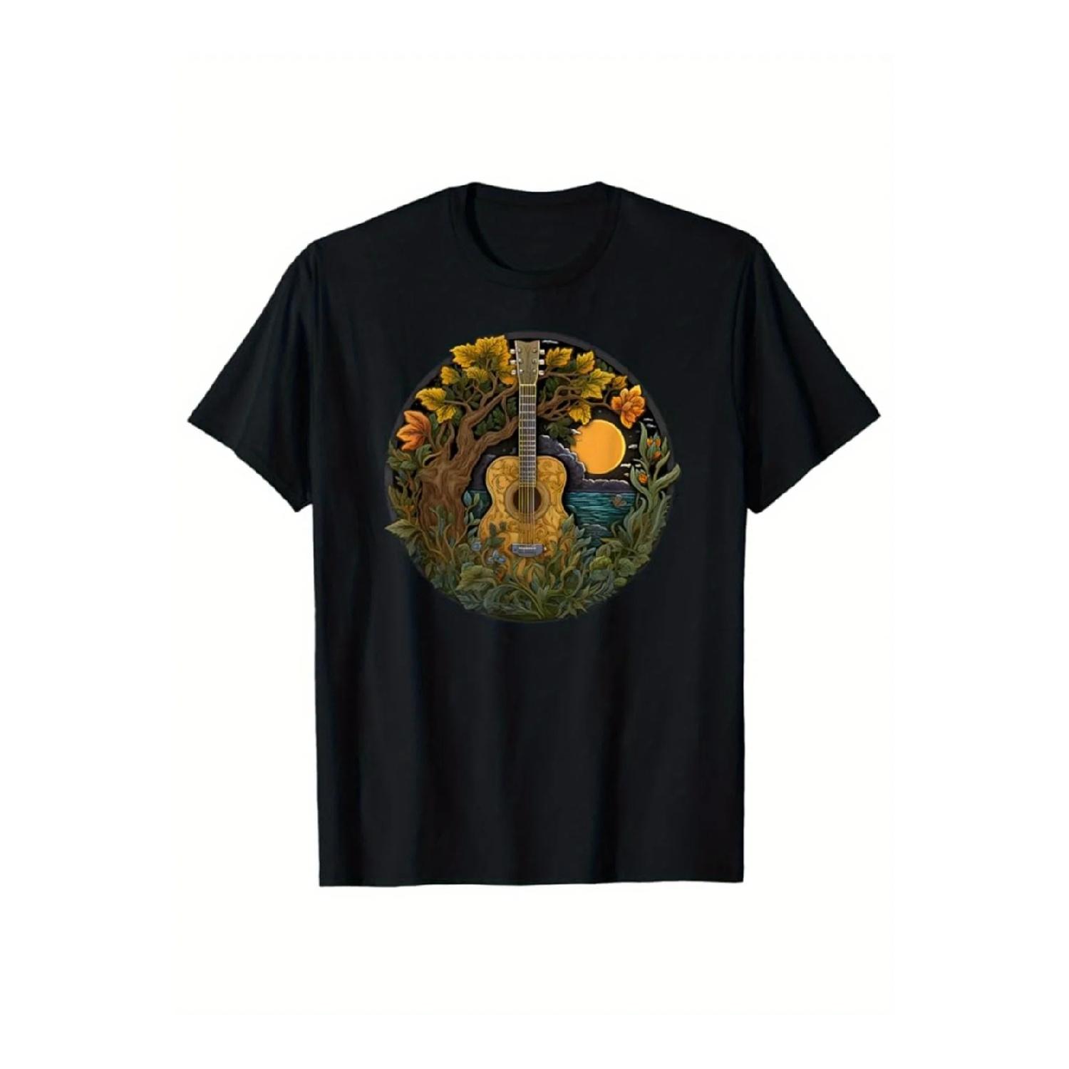 

Acoustic Guitar Nature Scene Graphic Tee Black T-Shirt Breathable Casual for Men Women S чёрный