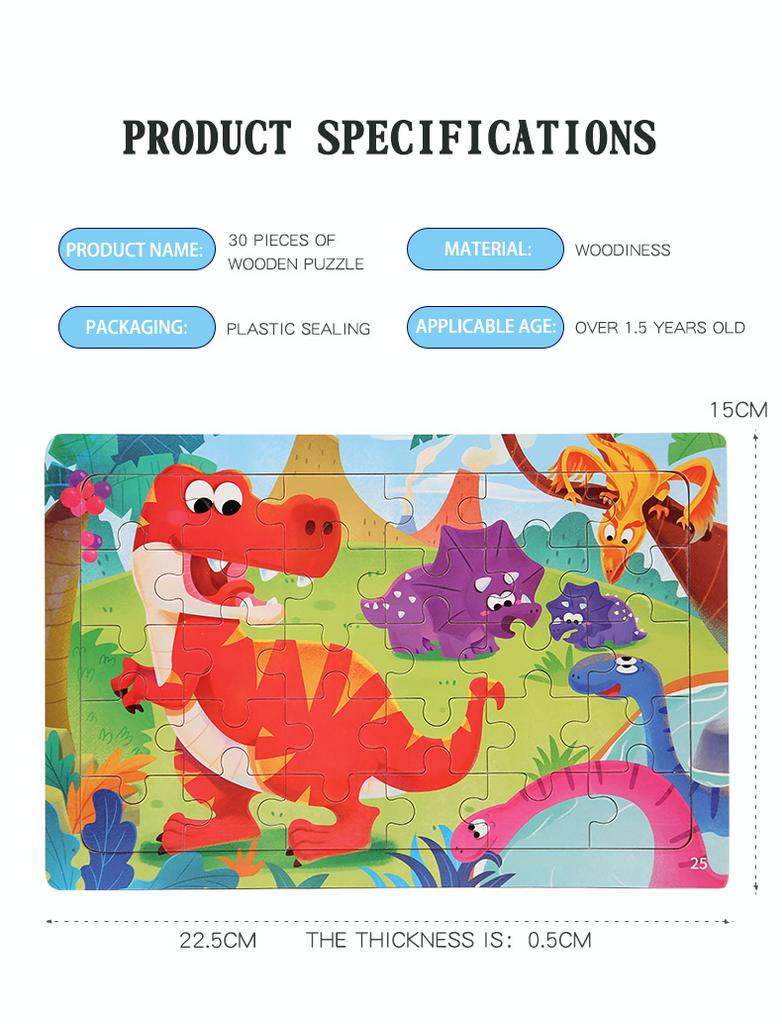 30 Piece Wooden 3D Puzzle Cartoon Animal & Vehicle Jigsaw Montessori Educational Toys for Kids Baby Years - Creative Gift