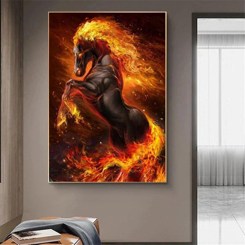 Abstract Running Horse with Fire Canvas Painting Modern Animal Pictures Poster and Prints Wall Art for Home Living Room No Frame