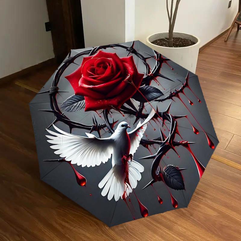 

Red Rose Thorny Crown with White Dove Automatic Opening Folding Umbrella - 8 Bone Iron Frame, Outdoor, Festival Gift for Fans, Travelers, Da