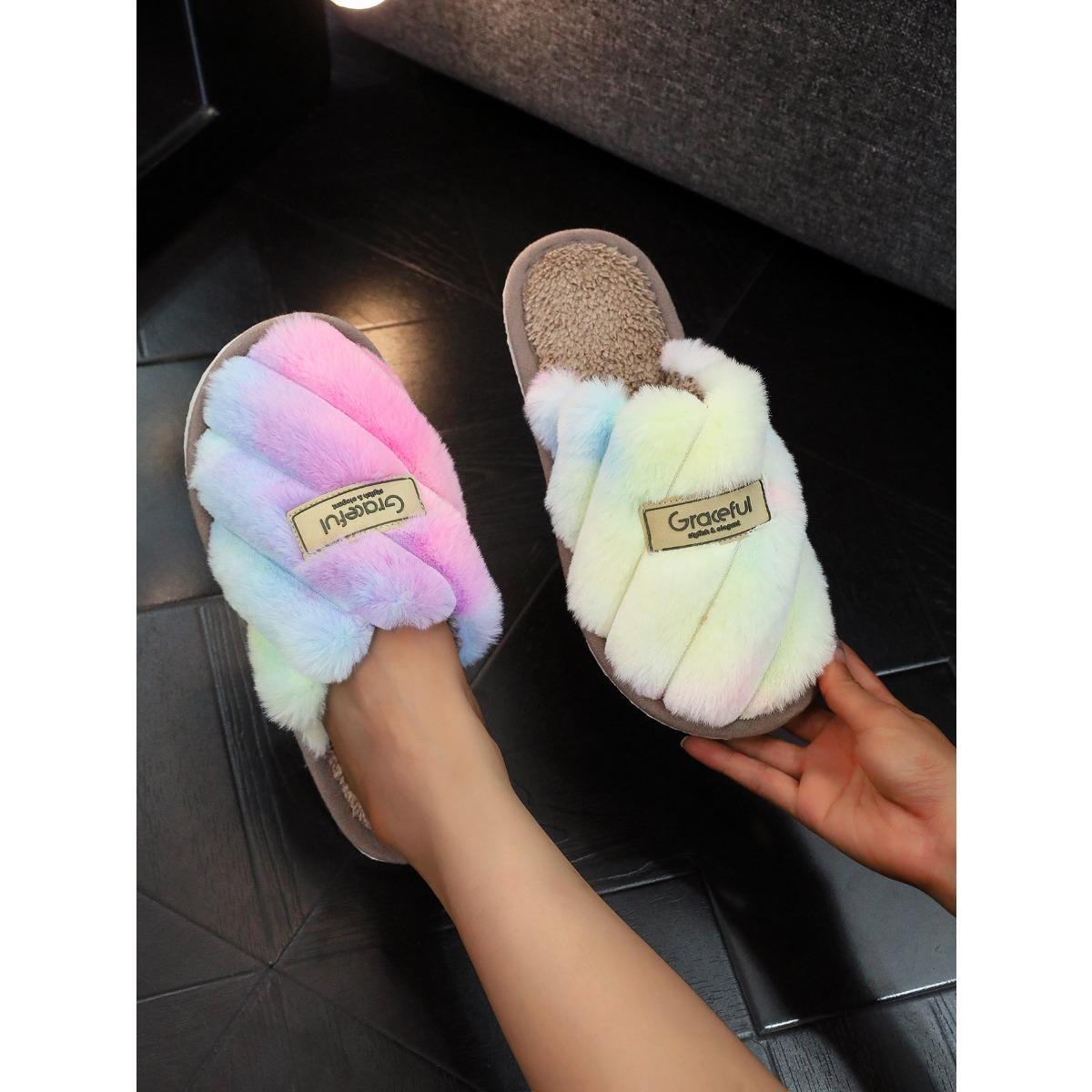 

Домашние пушистые тапочки с открытым носком для тепла, весенние и осенние тапочки для пар, осенне-зимние тапочки для пола 36-37 разноцветный