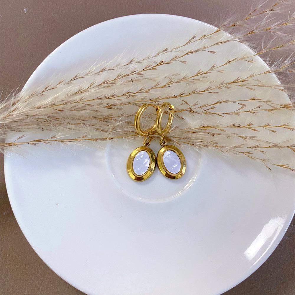 Gold-Plated Stainless Steel Oval Earrings: Artistic Titanium Shell Design for Women