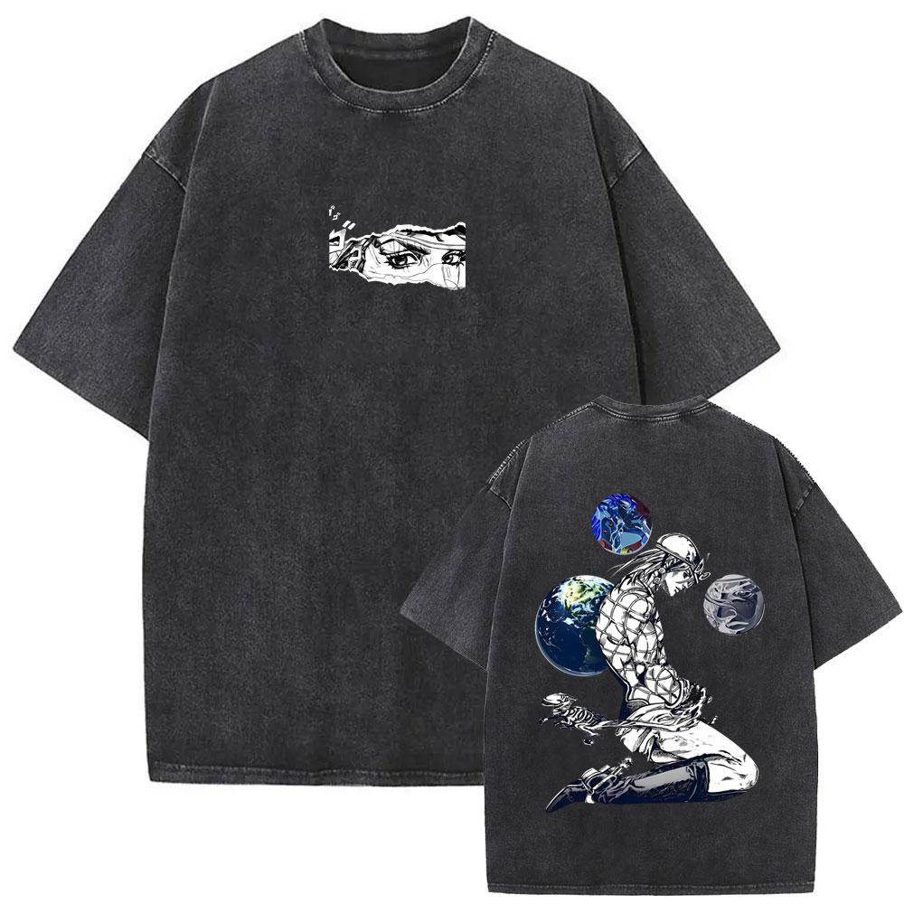 Washed Vintage Anime Jojo Bizarre Adventure Tshirt Retro Manga Giorno Giovanna T Shirts Men Casual Cartoon Oversized Tshirts