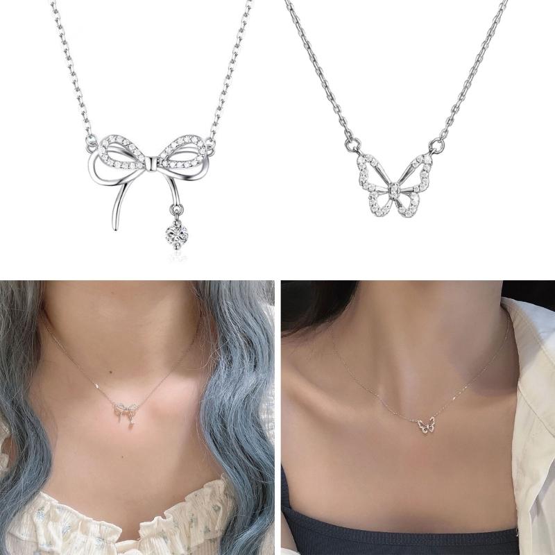 Diamonds Bowknot Aesthetic Necklace Fashion Simple Hollow Clavicle Chain Women Girl Wedding Jewelry Party Birthday Gift