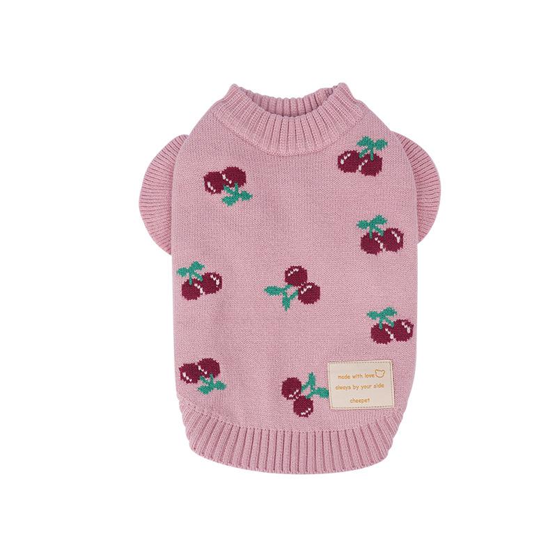 Pet autumn and winter clothing small fly sleeves cherry embroidered sweater teddy bear puppy dog warm pullover knitted sweater