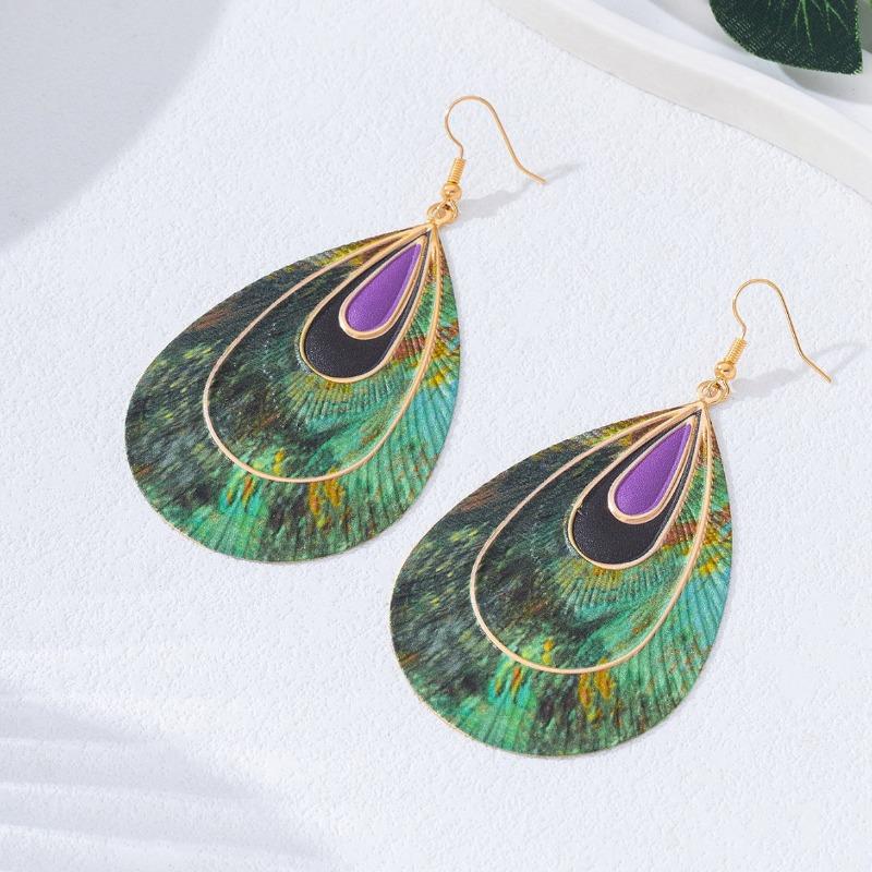 Exaggerated, Fashionable and Trendy Peacock Print Water Drop Earrings, Suitable for Women To Wear At Street Parties