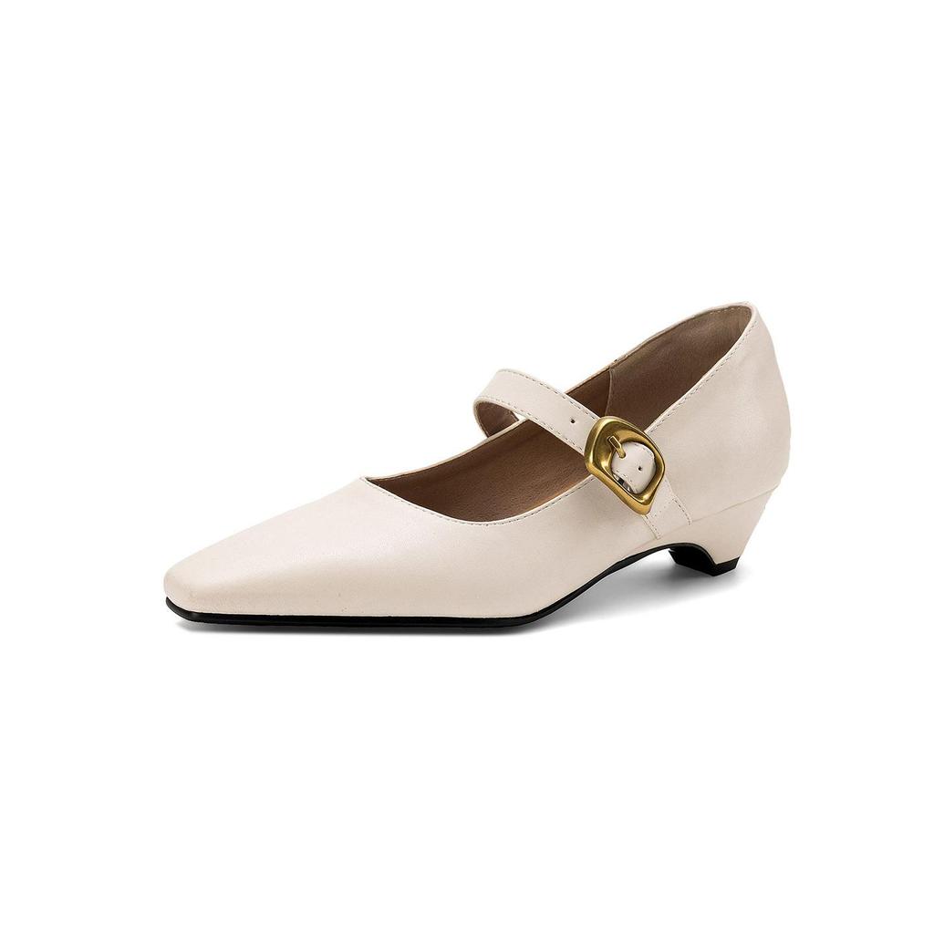 Krazing Pot Microfiber Square Toe Thick Med Heels Spring Summer Shoes Big Size 43 Metal Buckle Beauty Women Shallow Pumps