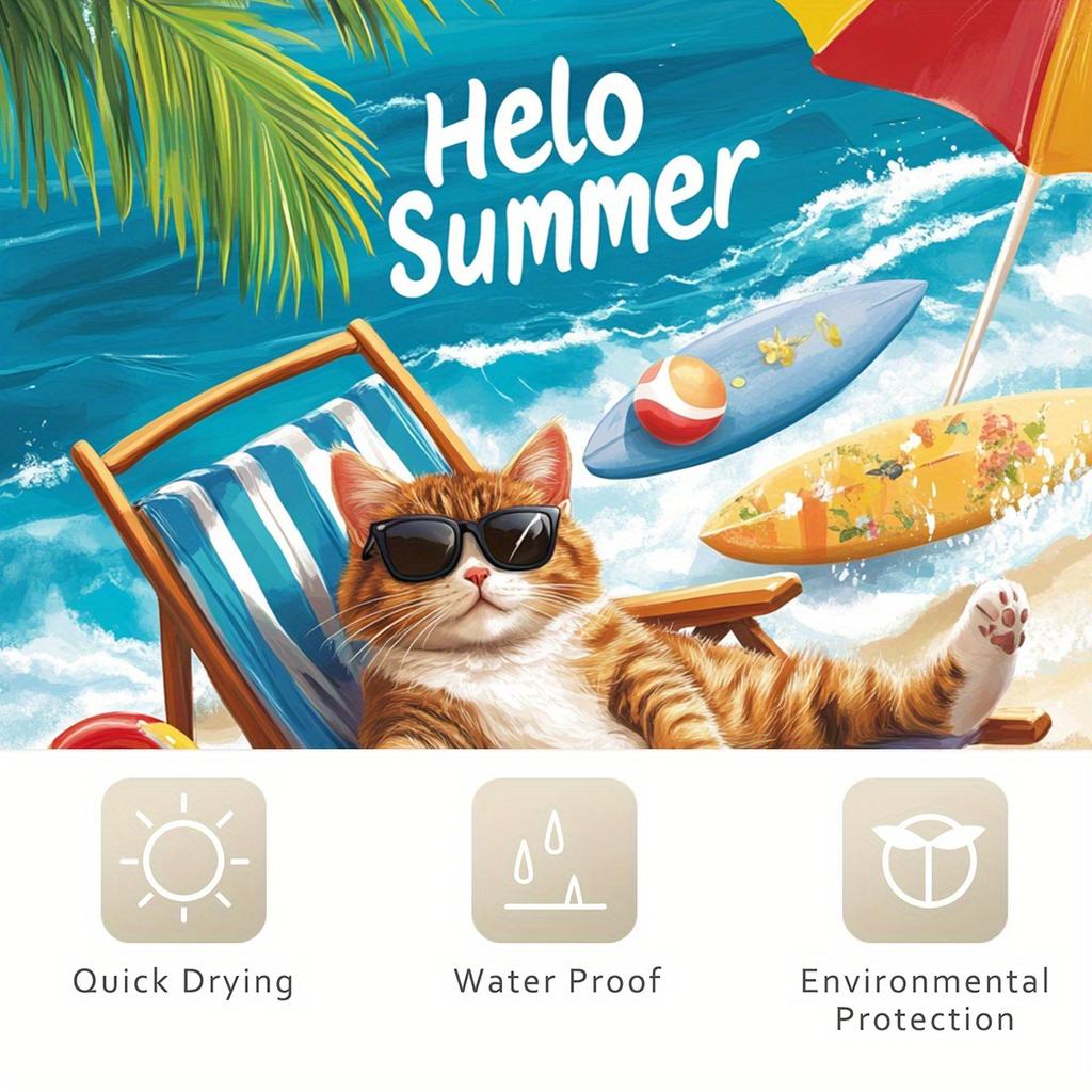 1 "Hallo Sommer" Katze Strand Szene Duschvorhang - Polyester, Maschinenwaschbar, Palmenblatt Gewebtes Design, Strand Zubehör Vorhang