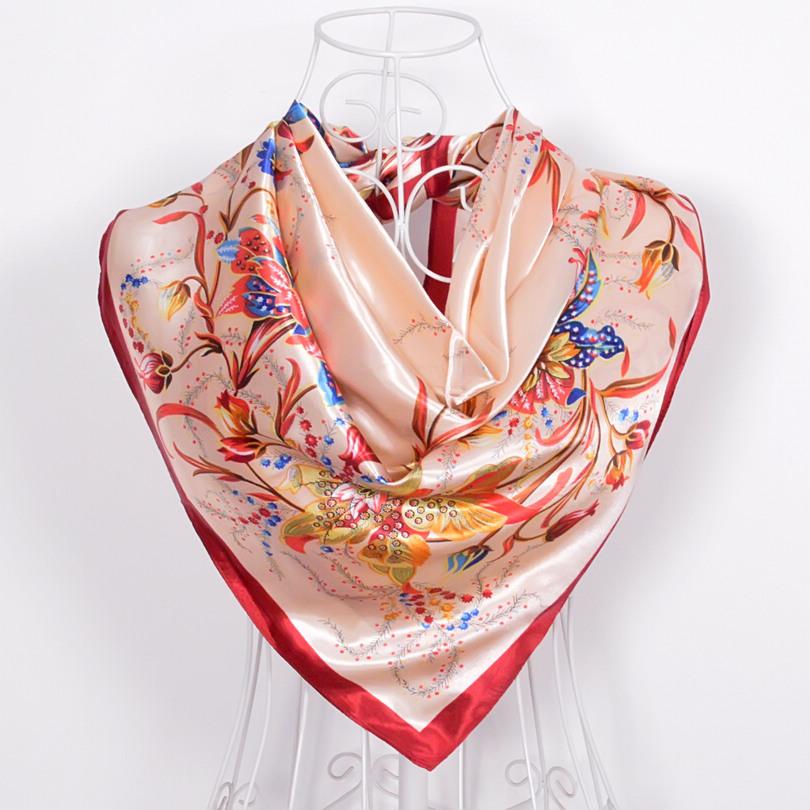 Fashion Brand Female Pink Scarf Hijab,Women Polyester Silk Scarf Printed,Flowers Design Satin Big Square Scarf/Shawl For Ladies