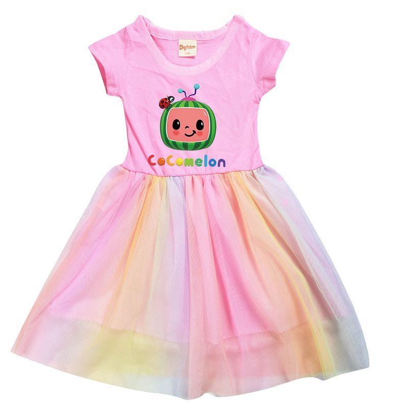 Cocomelon Kinder Mädchen Prinzessinnenkleid Mit Kurzem Ärmel Cartoon Anime Druck Und Atmungsaktivem Netzstoff