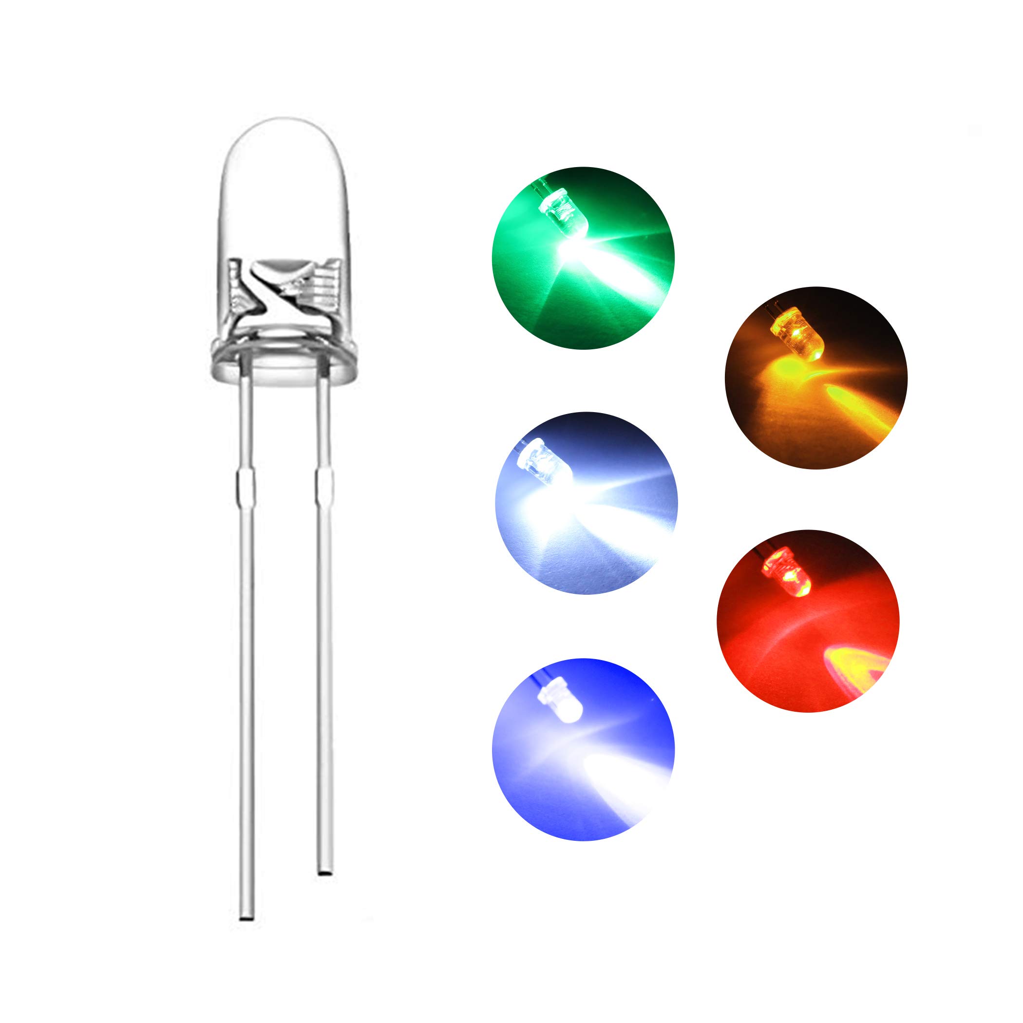 

DiCUNO Round 200 Pieces Each [1000-Piece Set] Light-Emitting Diodes, 3mm, Transparent, High-Brightness, Head, White, Red, Green, Blue, Yellow,