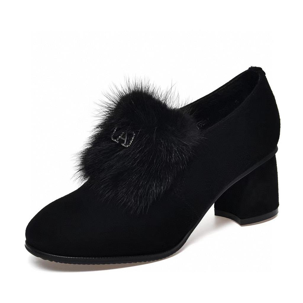 Round head deep mouth single shoes fluffy shoes women's new sheepskin thick heel ankle shoes one pedal women's shoes high heels