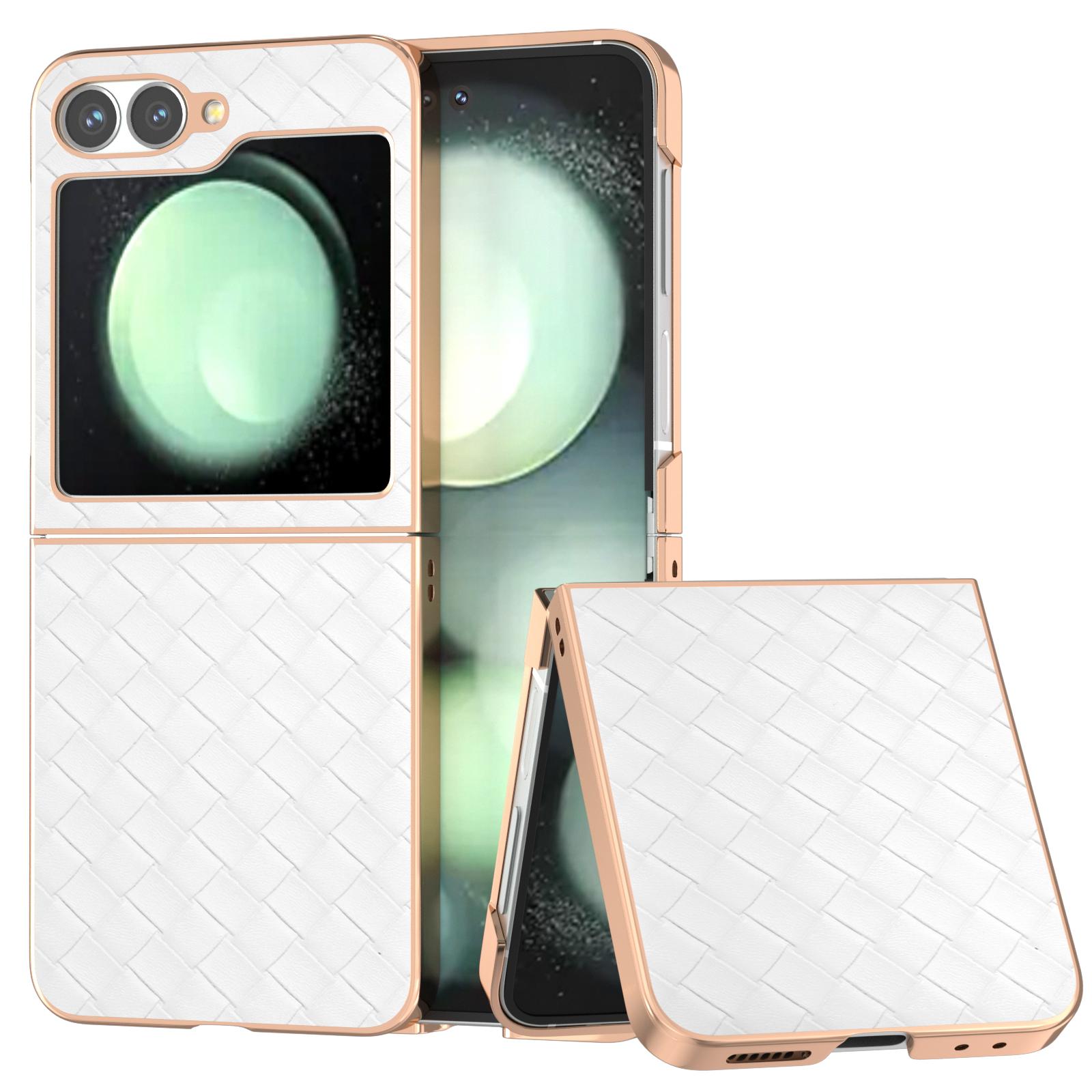 

ABEEL For Samsung Galaxy Z Flip7 FE 5G/Z Flip6 5G Case Woven Texture Electroplating Edge Leather Coated PC Phone Cover B