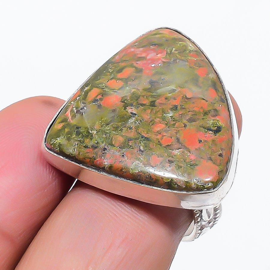 Natural Unakite Gemstone Handmade 925 Sterling Silver Jewelry Ring Size 10 u2r84
