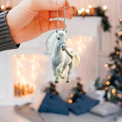White Horse Christmas Ornaments 2D Flat Acrylic Running Horse Car Rear View Mirror Charm Auto Hanging Pendant for Holiday Home Tree Decor