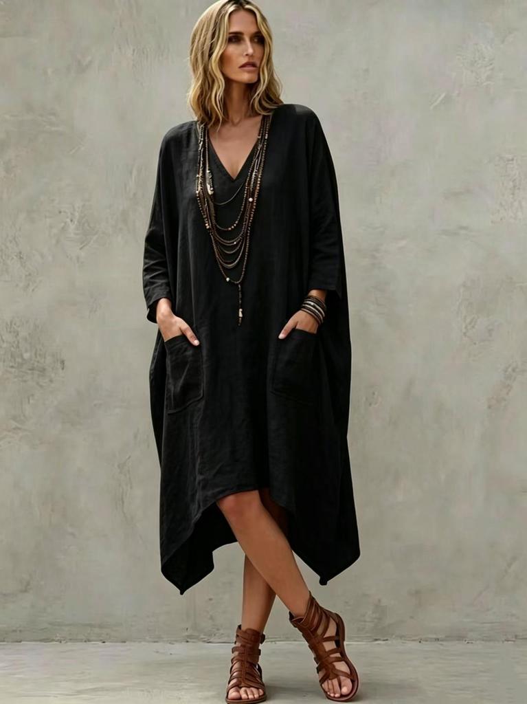 European-American Casual V-Neck Cotton Linen Irregular Dress with Seven Sleeves for Women
