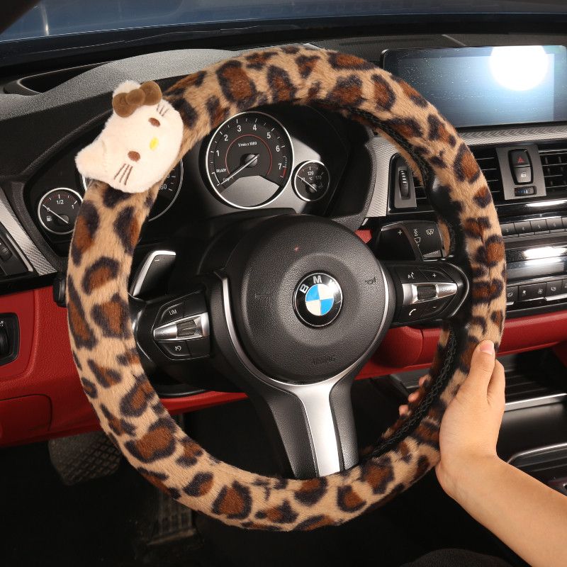 Car Steering Wheel Cover Winter Plush Warm Non-Slip Cute Leopard Print Premium Car Decorative Handle Cover Protective Cover Women