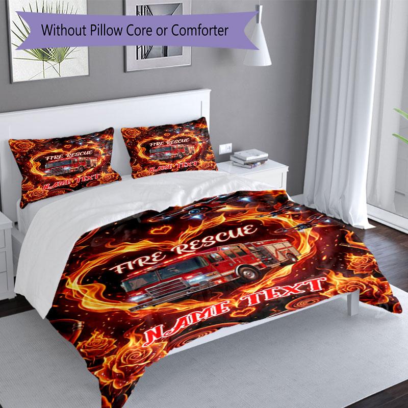 3PC Custom Name Fire Rescue Roses Bedding Set Duvet Cover Closure Includes 1 Duvet Cover & 2 Pillowcases for Bedroom