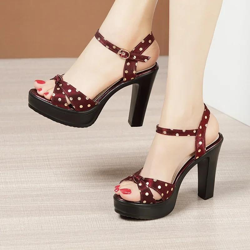 8cm 10cm Small Size 32-43 Elegant Polka Dot Shoes Summer Platform Sandals 2025 Womens Block High Heels Sandals for Office Model