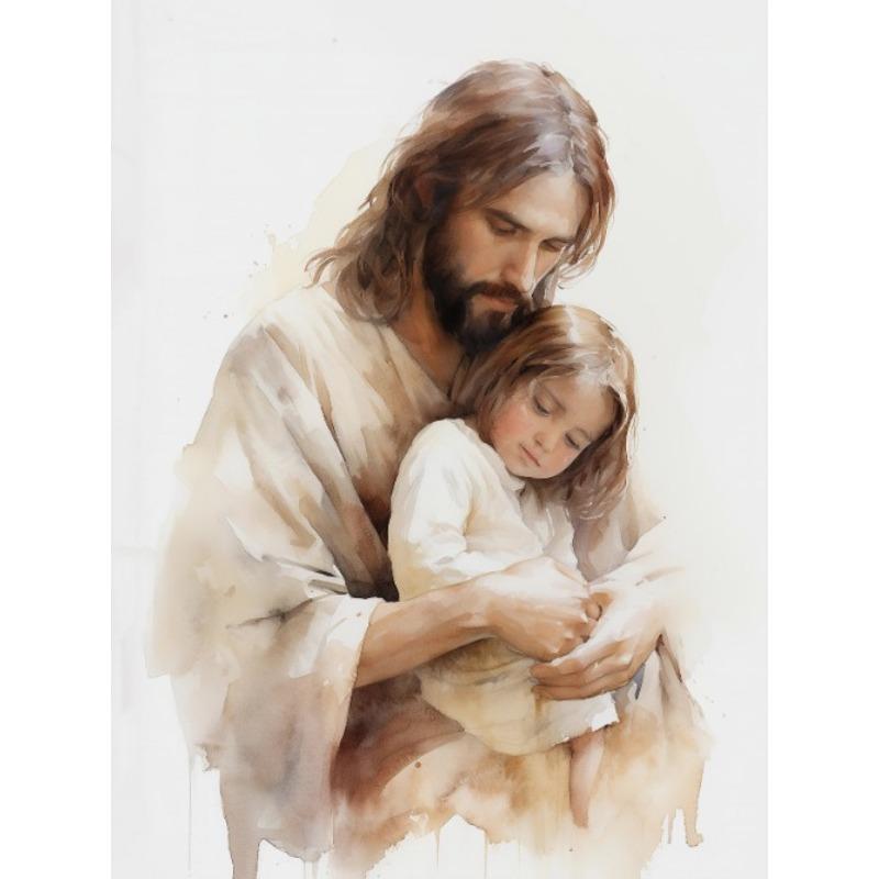 Jesus og Barn Kristus med Gutt Jesus Portrett Kristus Barnehage Akvareller Plakat Lerret Maleri Veggbilder Hjemmeinnredning