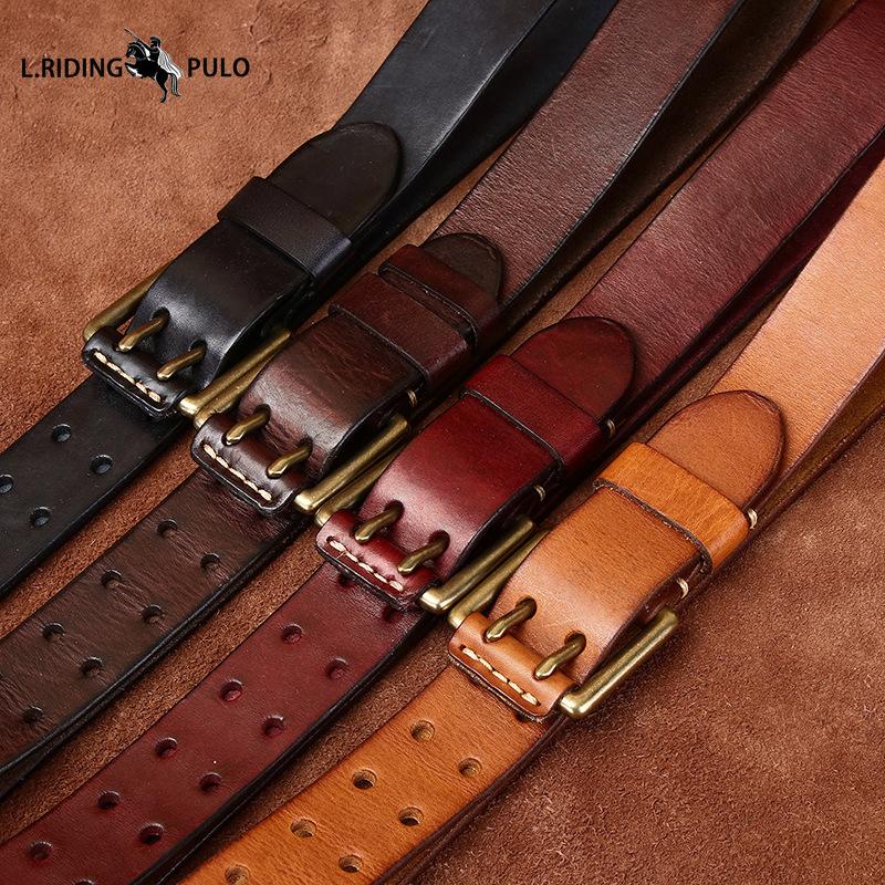 Men's Leather Belt Double Pin Buckle Top Layer Cowhide Retro Youth Copper Buckle Belt