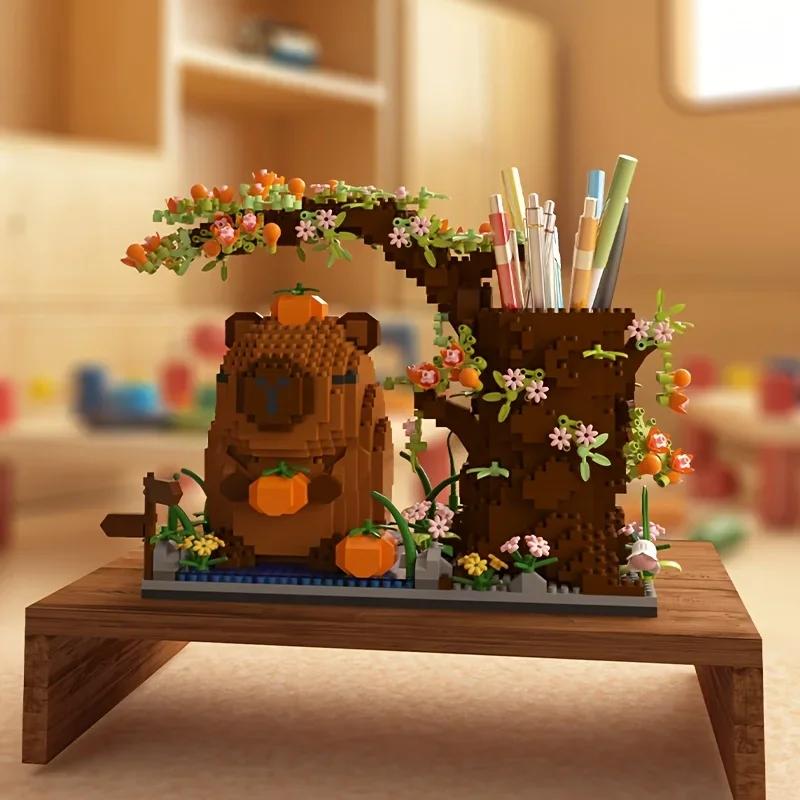 Capybara Building Block Pen HolderMultifunctional Desk Organizer for Office Supplies CosmeticsBirthday Gift Desktop Decoration