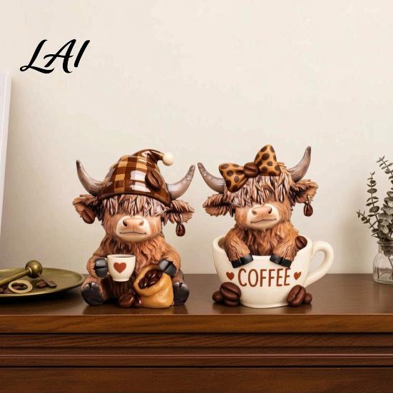 Stabile Harzfigur Dekoration 2 Stück Kaffeekuh Figur Niedliche Tierstatue für Zuhause Schreibtisch Miniatur Highland Dekoration Café Stil Tischdekoration,