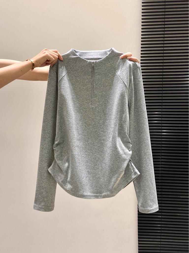 Women's Spring Fashion Long-Sleeve Top: Half-Open Collar, Zipper Style, Waist-Cinching Pleats, Regular Shoulder, Age-Reducing, Stylish Inner Wear