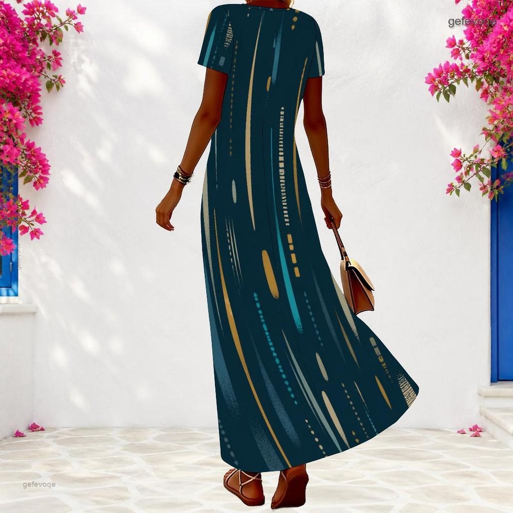 Women Plus Size V Neck Short Sleeve Colorful Printed Long Dress